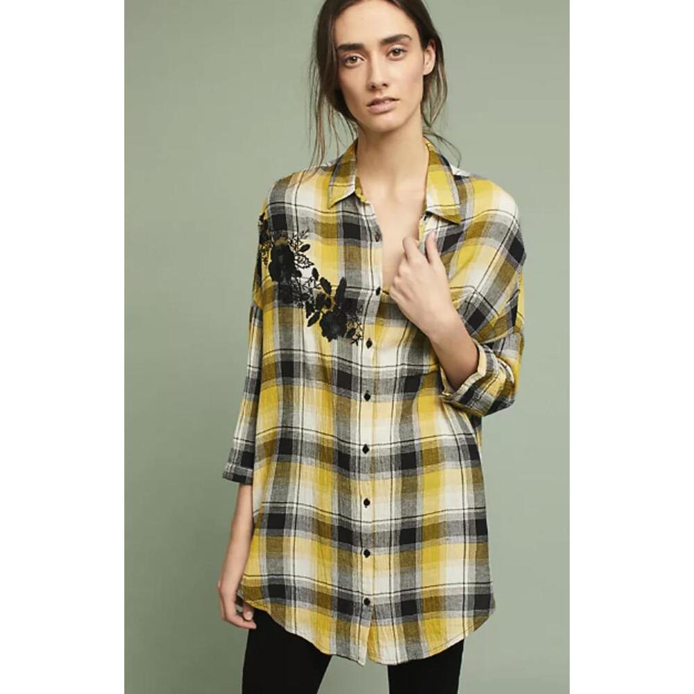Maeve by Anthropologie Embroidered Yellow Plaid Button Down Tunic - Size - M/L